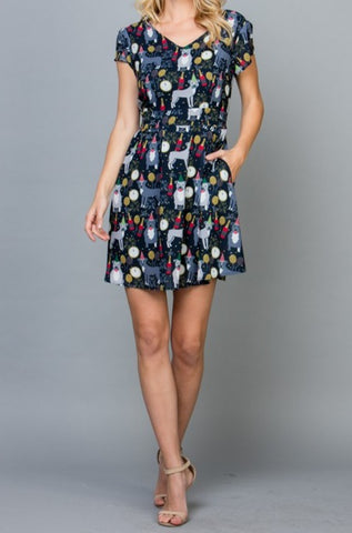 Cap Sleeve Dress with pockets and tie back in navy front view