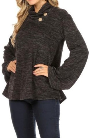 Brushed Sweater Top With Button Cowl Neck and Flared Sleeves