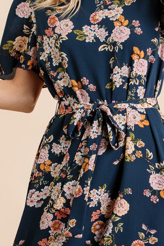 Navy Floral Crepe Dress - USA Made