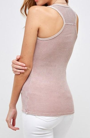 Waffle Thermal Tank with mesh in pink back view
