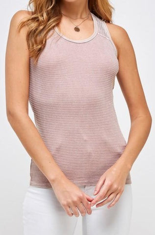 Waffle Thermal Tank with mesh in pink front view