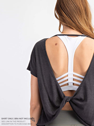 Back view of a charcoal colored yoga 