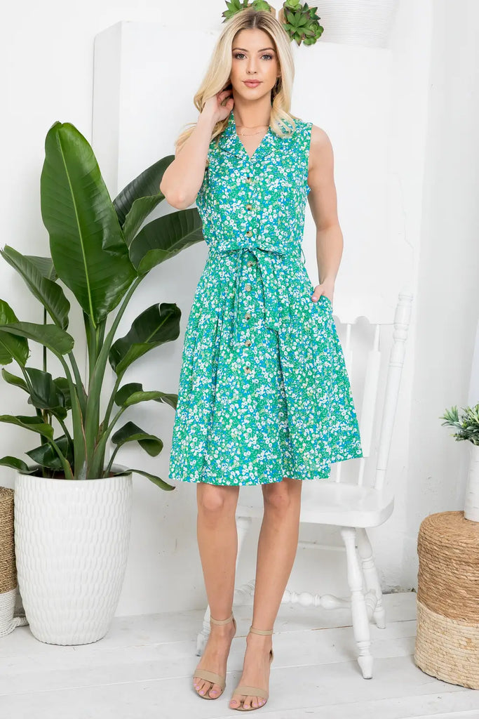 Printed Cotton Button-Down Dress With Pockets