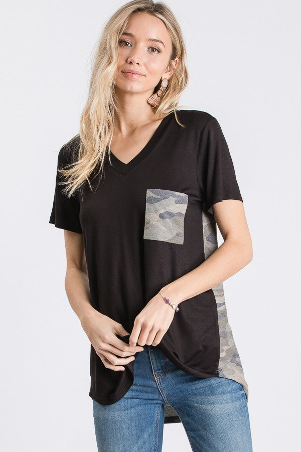 Black V Neck Tee worn by model front view