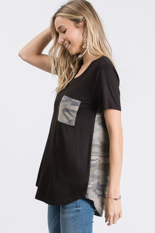 side view of v-neck tee with camo pocket worn by model