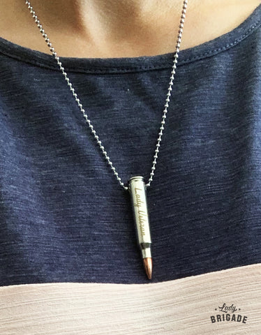 Layered "Lady Veteran" Engraved 223 Bullet Pendant Necklace